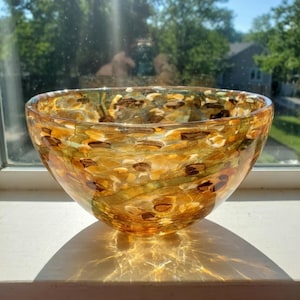 Vintage Lenox Art Glass Bowl – Hand Made Crystal – Tortoiseshell Confetti Pattern – Large Decorative Amber Centerpiece