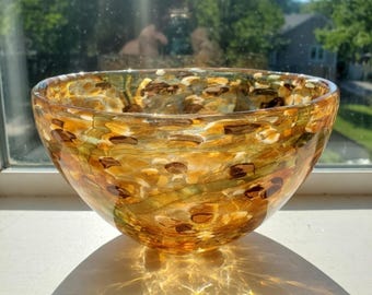 Vintage Lenox Art Glass Bowl – Hand Made Crystal – Tortoiseshell Confetti Pattern – Large Decorative Amber Centerpiece