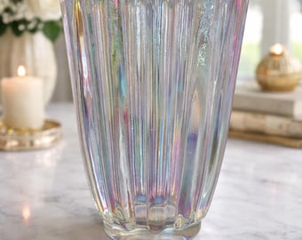 Vintage Iridescent Glass Vase, Ribbed Carnival Style Vase, Heavy Pressed Glass Scalloped Rim, 7.5 Inch Decorative Vase