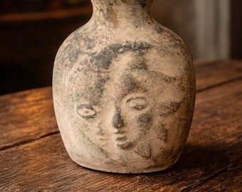 Vintage Rustic Ceramic Vase with Face Design on Both Sides | Primitive Art Pottery | Textured Handcrafted Decor | Small Decorative Vessel