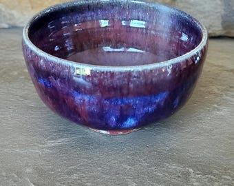 Signed Studio Pottery Bowl, Purple Drip Glaze Ceramic Dish, 5 Inch Stoneware Rustic Accent