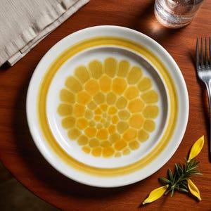 May include: White ceramic plate with a yellow floral design in the center and a yellow border. The plate is on a wooden table, next to a glass of water, a fork, and a folded napkin.