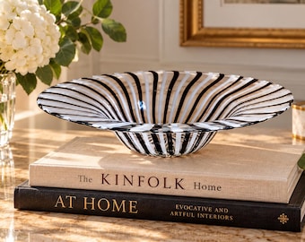 Black & White Swirl Glass Centerpiece Bowl Vase Candle Holder 12" Free Form Decor