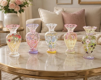Set of 5 Tracy Porter Hand Painted Glass Vases – Floral Decorative Mini Vases – Cottagecore Pastel Home Decor – 6.5in