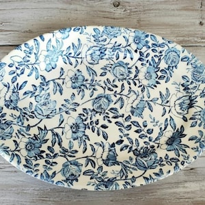 Churchill England Serving Platter 12.5in, Blue Floral Oval Plate, Vintage English Ceramic Dish, Cottage Style Kitchen Decor