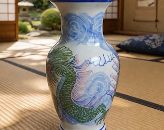 Vintage Asian Dragon Vase – Hand Painted Porcelain Vase – Blue White Ceramic Bud Vase – Oriental Decor – Small Floral Vase