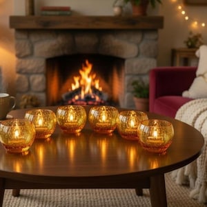 May include: A cozy living room scene features a round wooden coffee table with seven amber glass candle holders. Each candle holder contains a lit candle, casting a warm glow. A fireplace with a burning fire is in the background.
