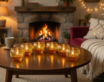 Amber Glass Candle Holders Set of 6 Crackle Glass Votive Holders Cozy Boho Decor Romantic Ambient Lighting Fall Home Decor
