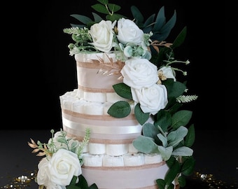 Floral 3 Tier Diaper Cake Centerpiece | Baby Shower Gift | White Diaper Cake | Baby Decor | New Baby Shower Centerpiece
