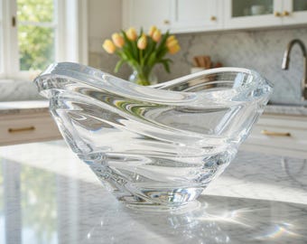 Lenox Crystal Bowl Clear Glass Sculptural 8.5” Heavy Art Glass Centerpiece Modern Decorative Bowl