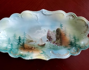 RS Prussia Hand Painted Scenic Porcelain Tray, Antique Serving Platter with Handles, Victorian Style Decorative Dish, 12 Inch