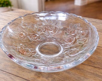 Vintage Glass Rose Bowl 12” Studio Nova Winter Rose Centerpiece Clear Pressed Glass Floral Serving Bowl