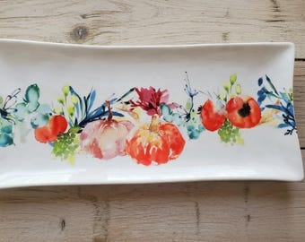 Vintage Style Autumn Pumpkin Serving Platter, Tag Ceramic Fall Tray, Hand Painted Look Harvest Dish, Thanksgiving Decor 14.5 Inch