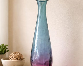 Tall Blue Purple Art Glass Vase – Hand Blown Spain – 16” Decorative Vase – Gradient Glass Bottle Vase – Modern Home Decor