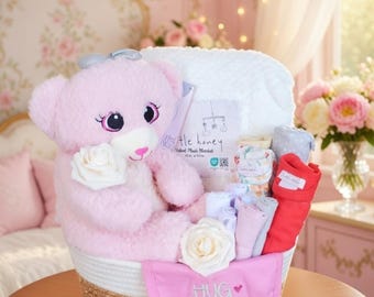 Teddy Bear Girl Gift Basket | Baby Shower Gift Girl | New Baby Gift | Baby Girl Gift Box | Unique Baby Gift | Baby Shower Gift