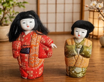 Vintage Japanese Dolls Set of 2 | Traditional Kimono Dolls | Asian Decor Figurines | Handmade Fabric & Porcelain | Collectible Display