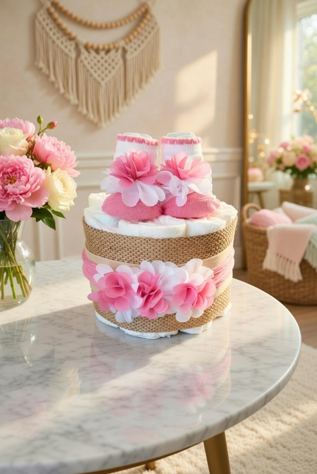 Mini Diaper Cake Baby Girl Gift, Baby Shower Centerpiece, Small Diaper ...