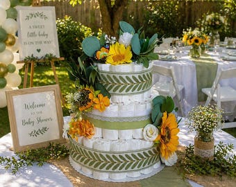 Neutral Summer Diaper Cake Baby Shower Centerpiece, Gender Neutral Baby Shower Decor, Yellow Floral Diaper Cake Gift, Baby Boy Girl Shower