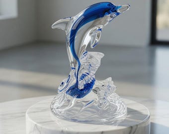 Murano Style Blue & Clear Glass Dolphin Figurine – Heavy Art Glass Ocean Sculpture – Coastal Decor – 6in. Tall