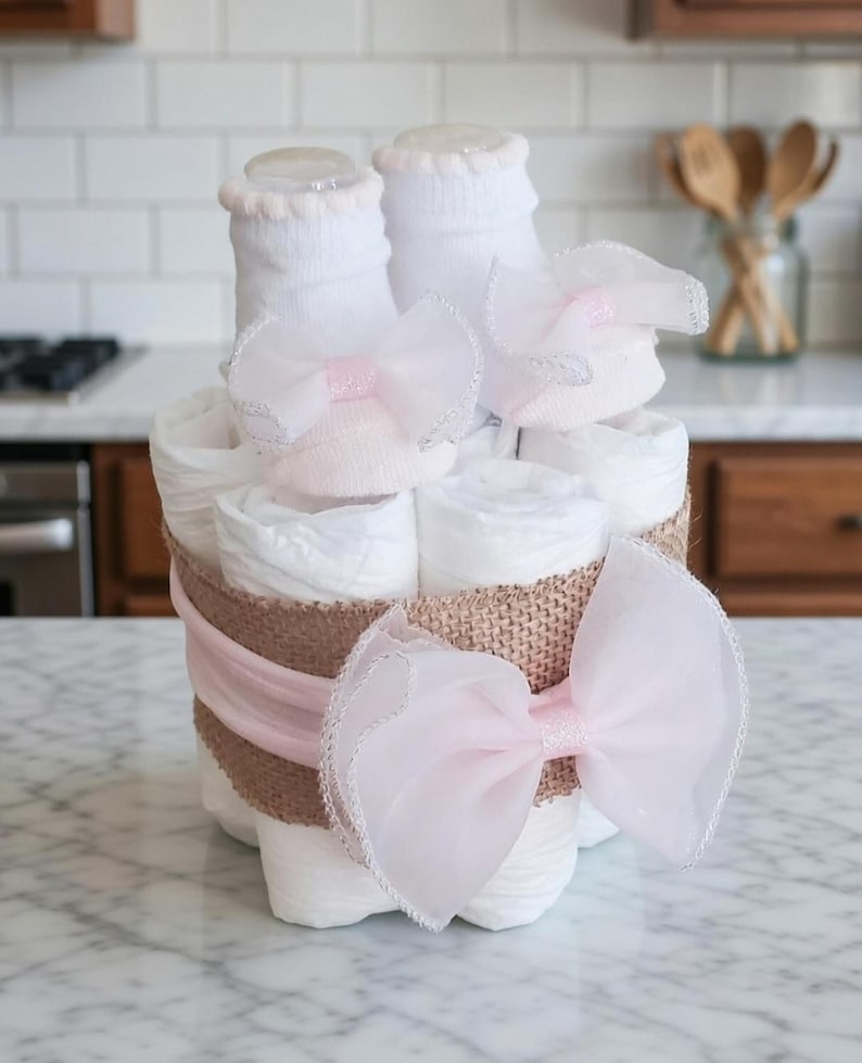 Mini Diaper Cake Baby Girl Gift – Baby Shower Centerpiece, Small Diaper ...