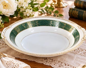 Vintage Golden China Japan Oval Serving Bowl Green Gold Filigree Porcelain
