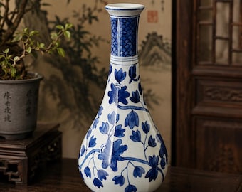 Blue and White Porcelain Vase 9" Hand Painted Floral Chinoiserie Decor