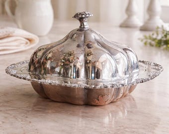 Vintage Silver Plated Serving Set EP on Copper, Old English Reproduction Canada, Scalloped Bowl with Lids, NOT Sterling, Lead Mounts