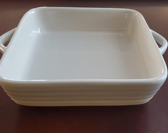 Beau Mont 1922 White Ceramic Baking Dish with Handles, 8.5” Square Casserole Dish, Oven to Table Bakeware, Minimalist Kitchen Decor