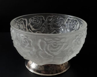 Vintage Italian Frosted Glass Rose Bowl on Metal Pedestal, Small Candy Dish, Decorative Floral Glass Compote
