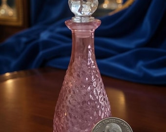 Pink Glass Perfume Bottle with Stopper 7”, Hobnail Textured Vanity Bottle, Decorative Glass Decanter, Vintage Style