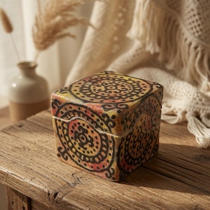May include: A square decorative box with a lid. The box is painted with a repeating circular pattern in shades of yellow, orange, and black. The box is sitting on a rustic wooden table.