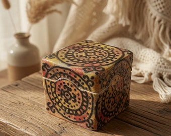 Handmade Ceramic Trinket Box with Lid, Boho Pottery Jewelry Box, Rustic Folk Art Storage, One of a Kind Decorative Keepsake Box