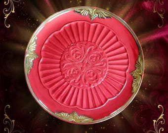 Vintage Red Decorative Plate 14.5”, Gold Accent Charger Plate, Hollywood Regency Style, Large Statement Wall Decor or Table Centerpiece