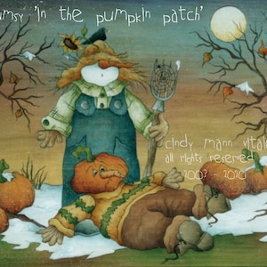 Puede incluir: Una pintura caprichosa de un espantapájaros de pie sobre un espantapájaros caído en un campo de calabazas. La pintura se titula "clueless n' clumsy in the pumpkin patch" y está firmada "cindy Mann vitale all rights reserved 2003-2010".
