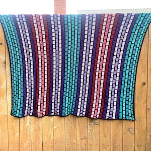 Large Jewel Tone Stripe Afghan Throw Hand Knit Blanket