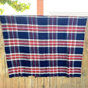 Worn Soft Fringed blue red plaid cotton lap blanket vintage woven throw