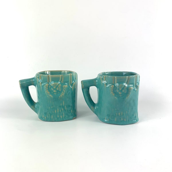 tree trunk Turquoise 50s vintage pottery mugs wood grain stoneware restaurant coffee cup