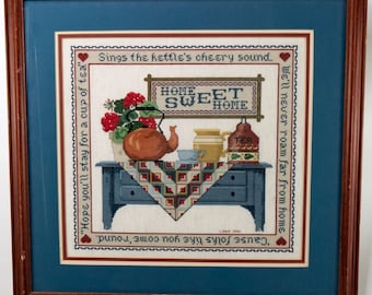 Home Sweet Home Framed Cross Stitch Copper Kettle Country Kitchen Tea Wall art