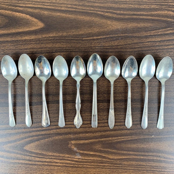 Antique teaspoons 10 mismatched mixed patterns lot unpolished silver plate