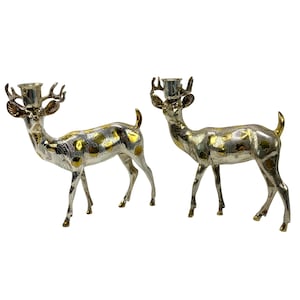 Shiny Brass and Silver Deer Taper Candle Holders Pair Figures