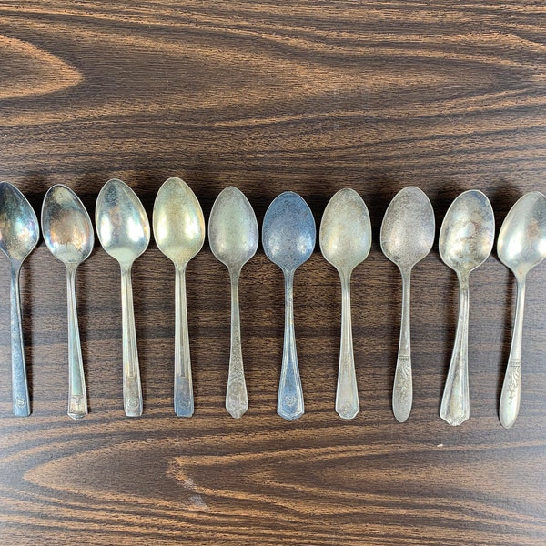 Antique Vintage teaspoons 10 mismatched mixed patterns lot unpolished silver plate