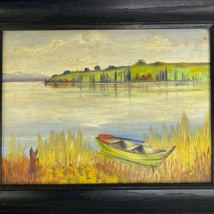 Boat in a Marshy Lake Small Original Landscape Painting Country Row Boat
