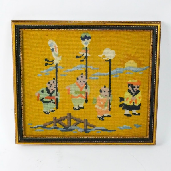 Japanese Men in Traditional Clothing w Kites Midcentury Vtg Framed Needlepoint