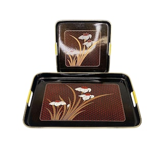 Black Lacquer Serving Trays set Japanese flower design black gold red vintage