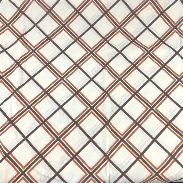 Brown Rust Ivory Plaid Trellis Print Full Flat Sheet Tastemaker 70s Vtg