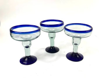 Cobalt Blue Handblown Margarita Cocktail Glasses Mexican Recycled Glass Barware