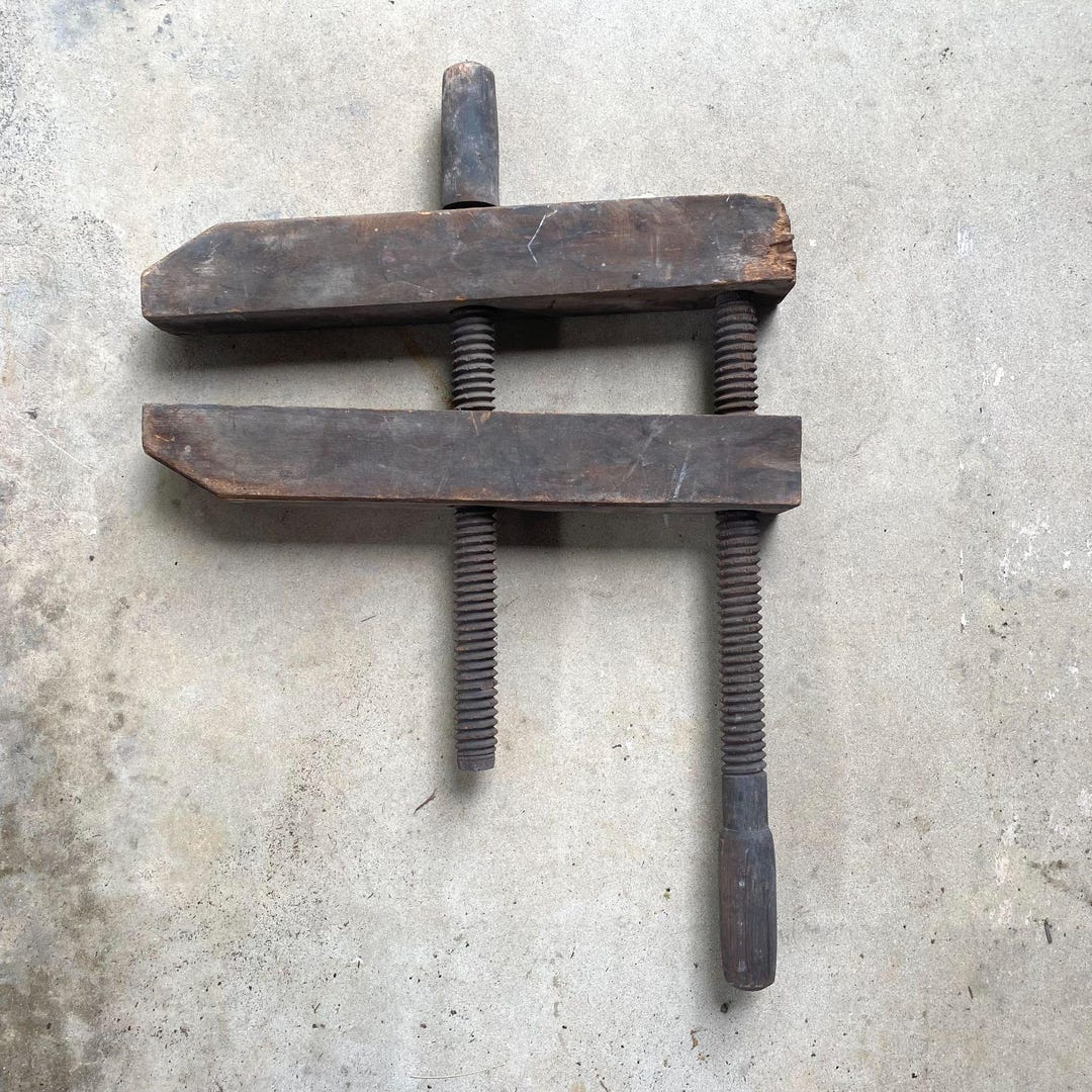 BIG Antique Wooden Screw Vise Clamp Handmade Dual Handles & Threaded ...