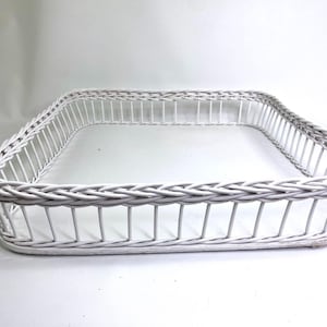 Large Painted Wicker and Wood White Serving Tray 17x19