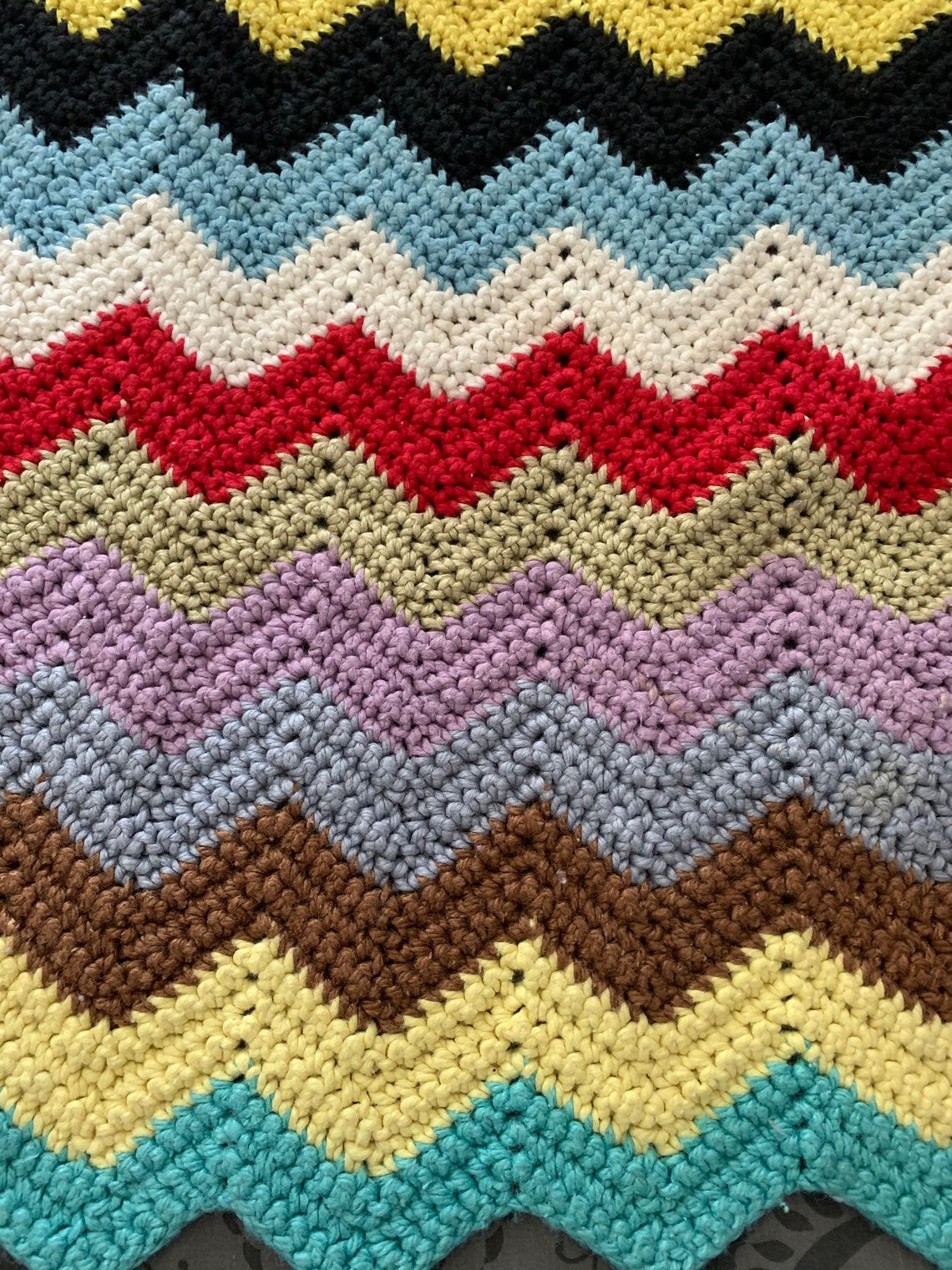Rainbow zig zag hand knit afghan 70s vintage throw 53 x 54 Etsy