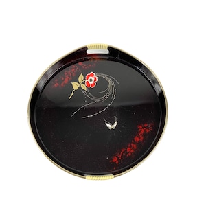 Butterfly Floral Vintage Serving Tray w Handles Black Japan Lacquer Ware